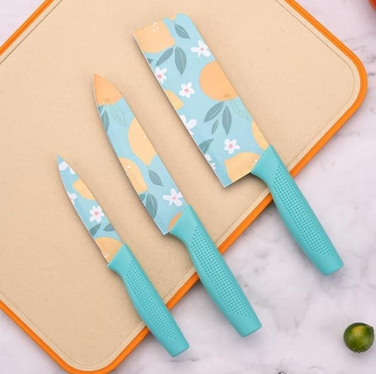 3-Piece Kitchen Knife Set with Colorful Citrus Print – Non-Stick